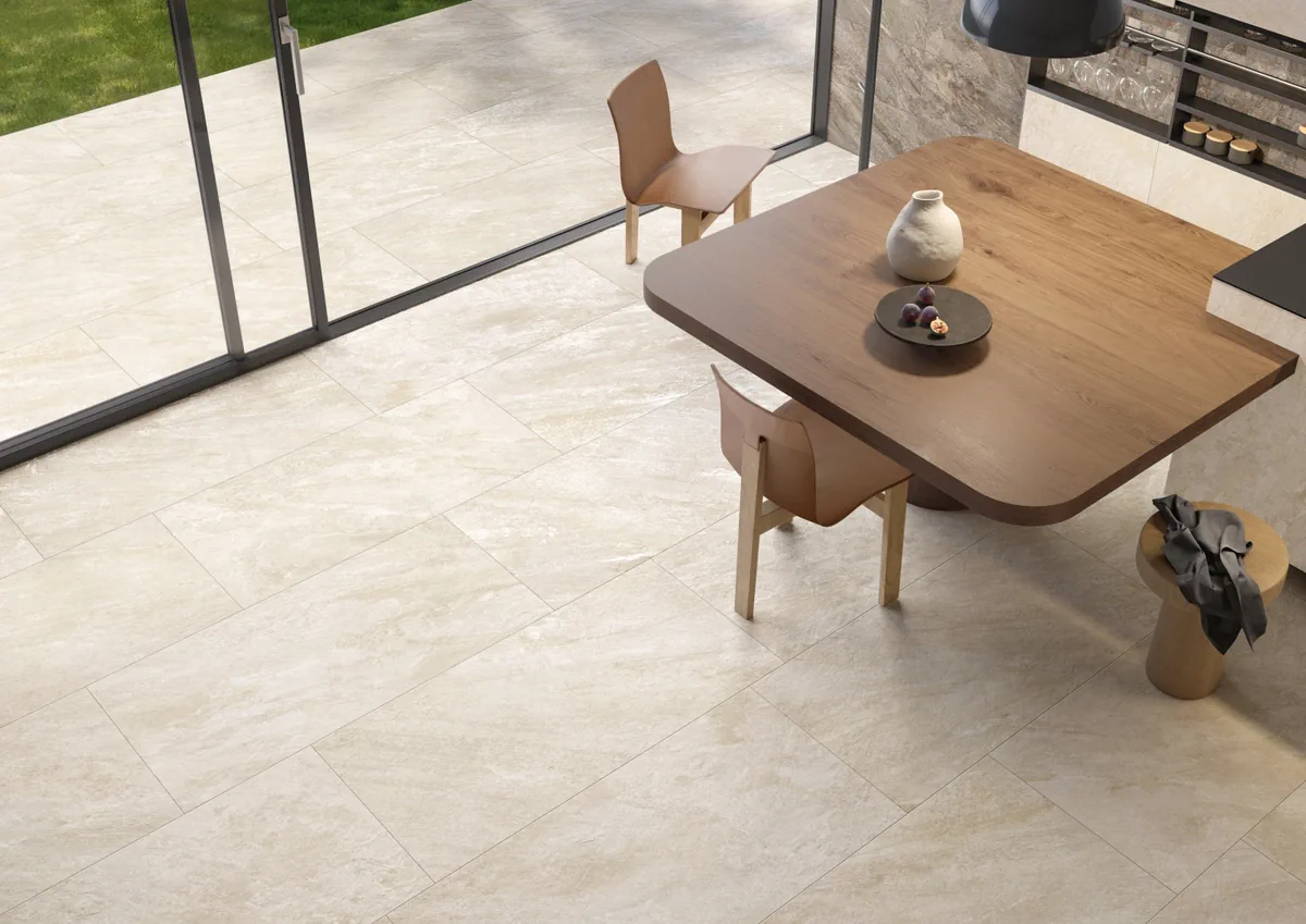 Gres Caesar QUARTZ ESSENCE efekt kamień - aranzacja w przestronnym holu