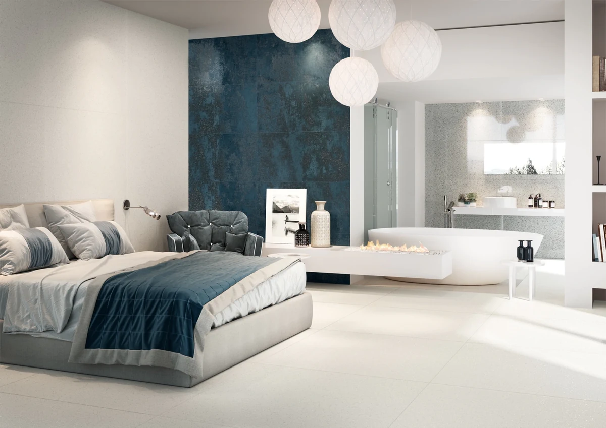 Gres Caesar AUTORE efekt terrazzo - aranzacja w nowoczesnym salonie