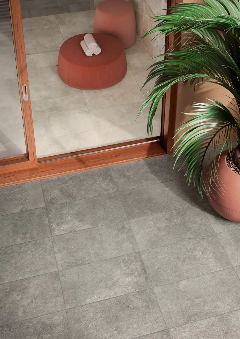 Gres Caesar STEP IN efekt kamień - aranzacja w minimalistycznym wnetrzu