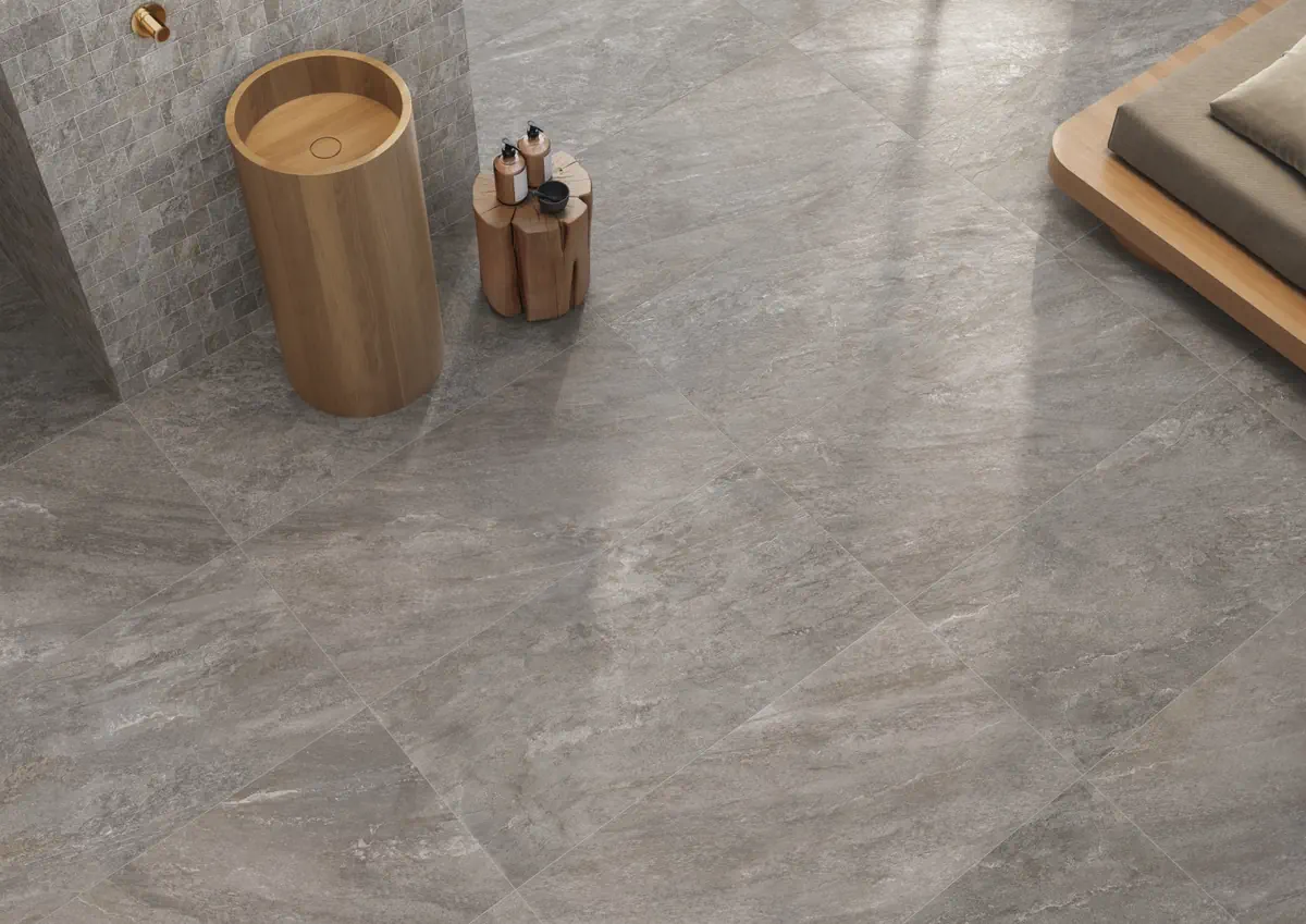 Gres Caesar QUARTZ ESSENCE efekt kamień - aranzacja w przestronnym holu