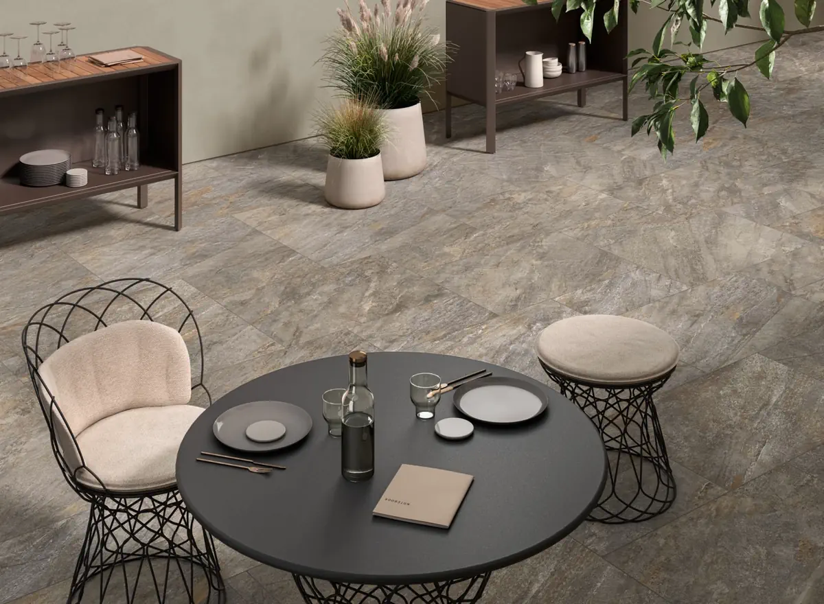 Gres Caesar QUARTZ ESSENCE efekt kamień - aranzacja w minimalistycznym wnetrzu