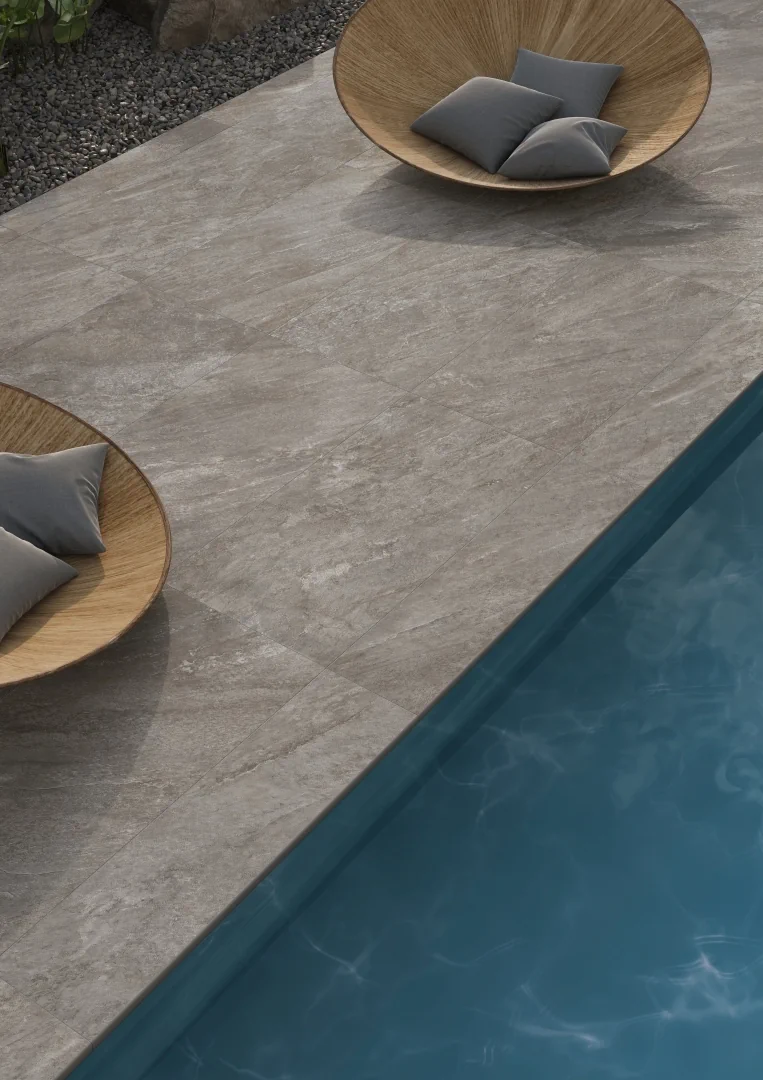 Gres Caesar QUARTZ ESSENCE efekt kamień - aranzacja w przy kominku