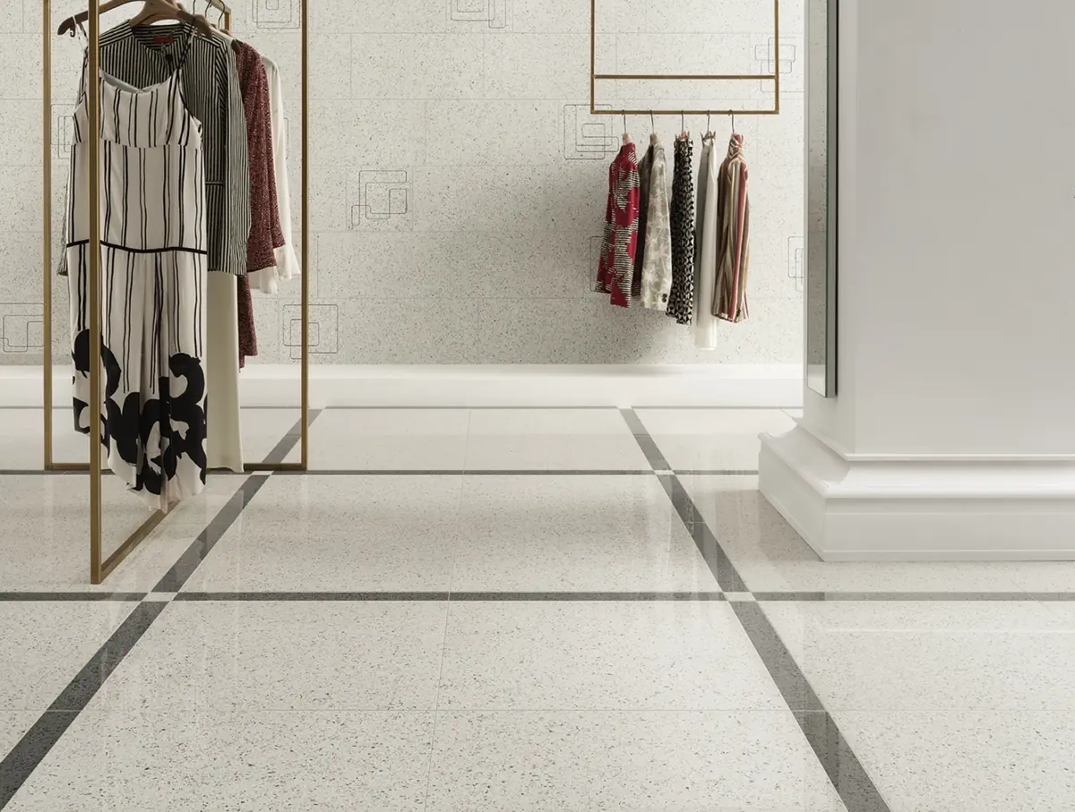 Gres Caesar AUTORE efekt terrazzo - aranzacja w minimalistycznym wnetrzu