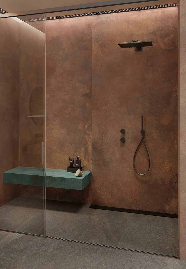 Gres Caesar ALCHEMY efekt marmur, metal - aranzacja w eleganckiej lazience