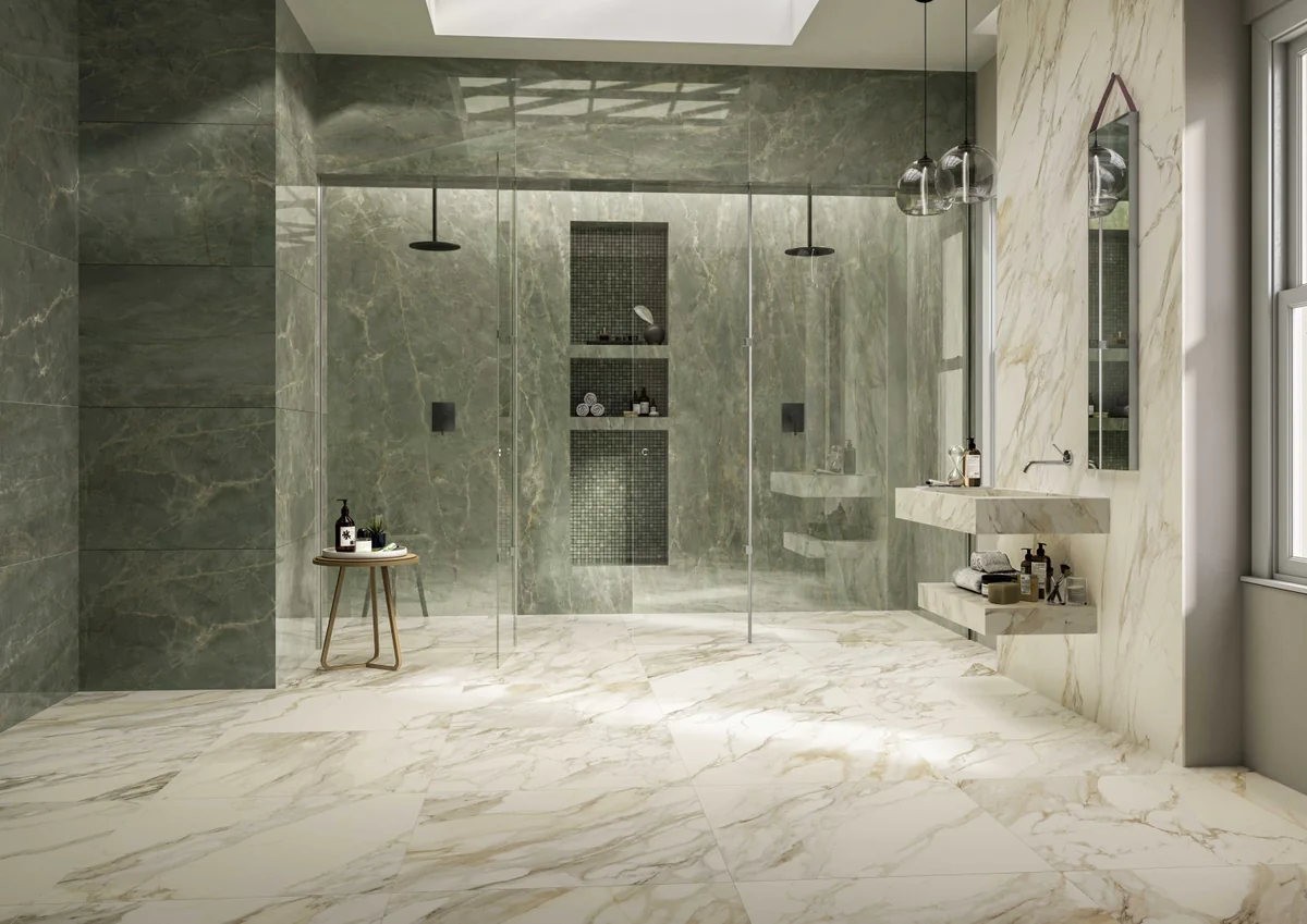 Gres Caesar ANIMA FUTURA efekt marmur - aranzacja w eleganckiej lazience