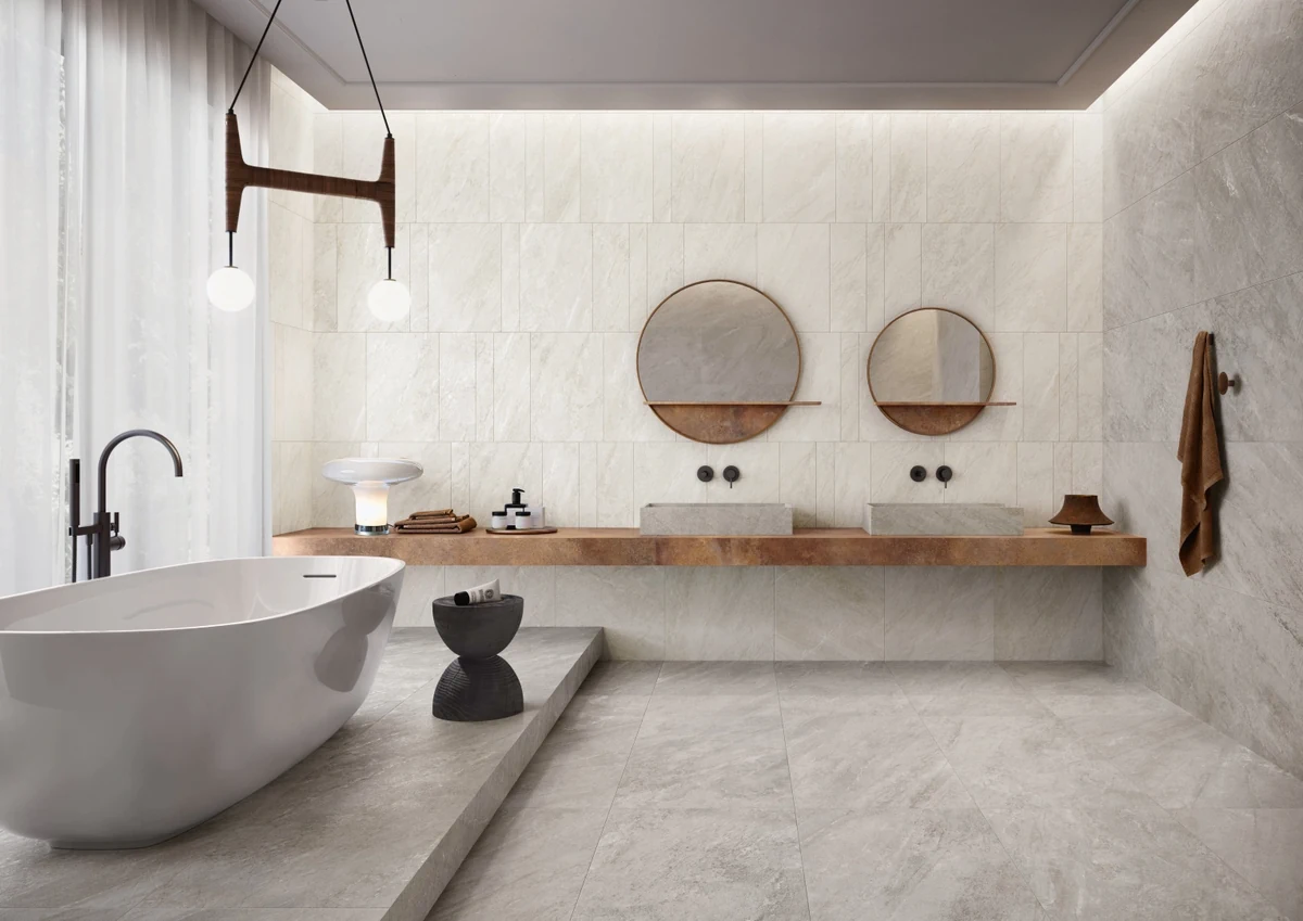 Gres Caesar QUARTZ ESSENCE efekt kamień - aranzacja w przy kominku