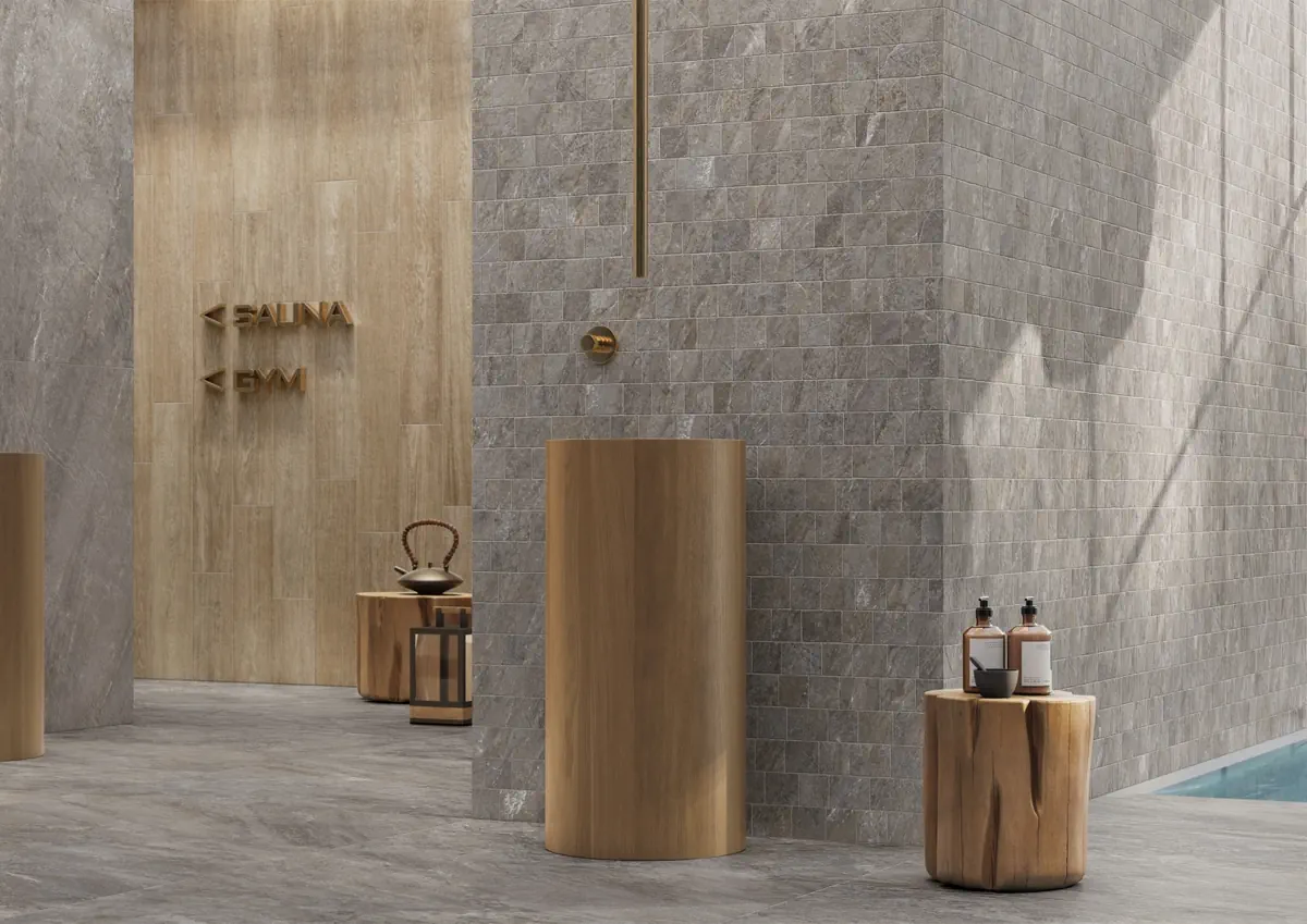 Gres Caesar QUARTZ ESSENCE efekt kamień - aranzacja w eleganckiej lazience