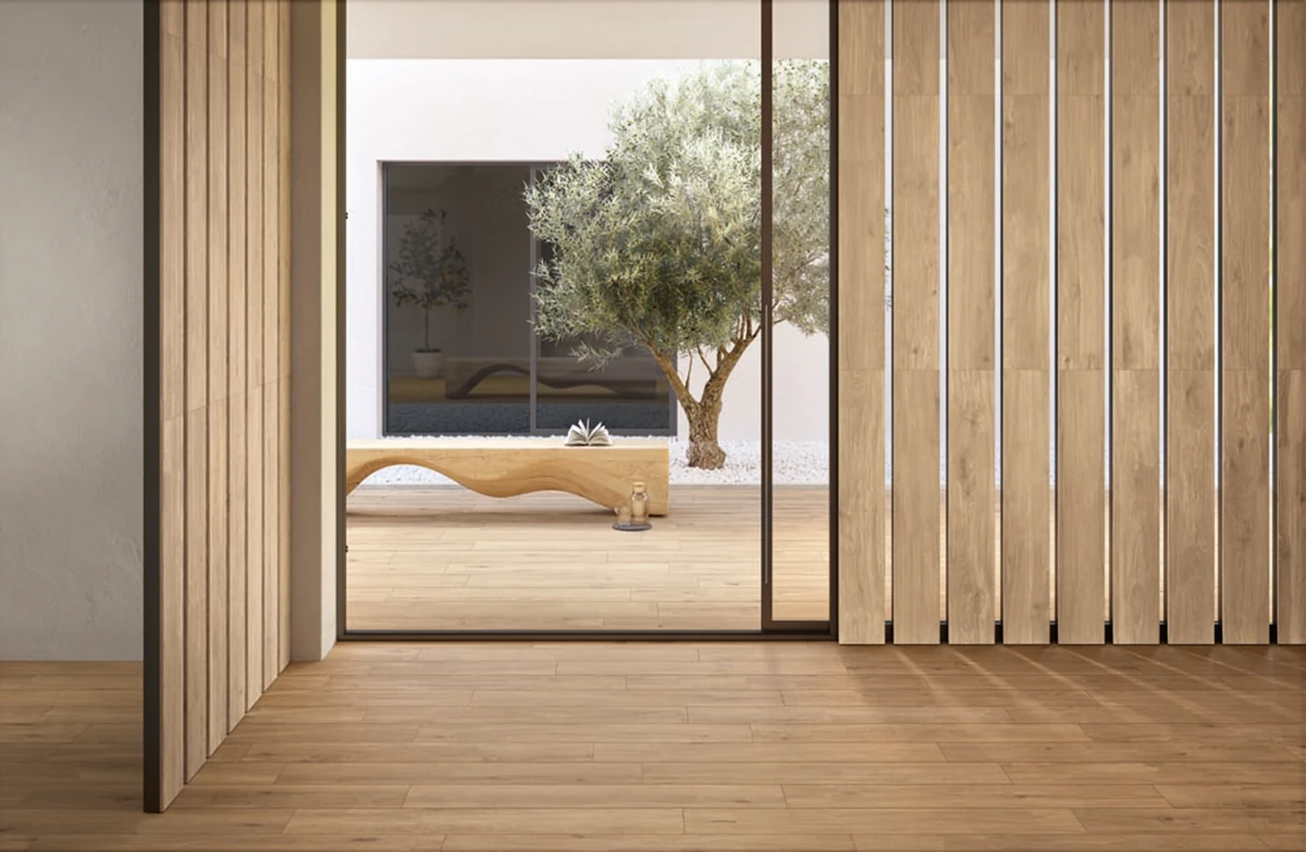 Gres Caesar COCOON efekt drewno - aranzacja w przy kominku