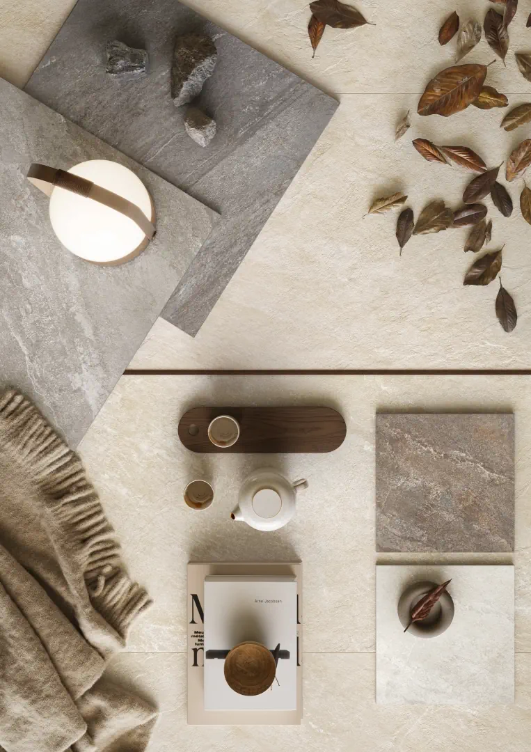 Gres Caesar QUARTZ ESSENCE efekt kamień - aranzacja w minimalistycznym wnetrzu