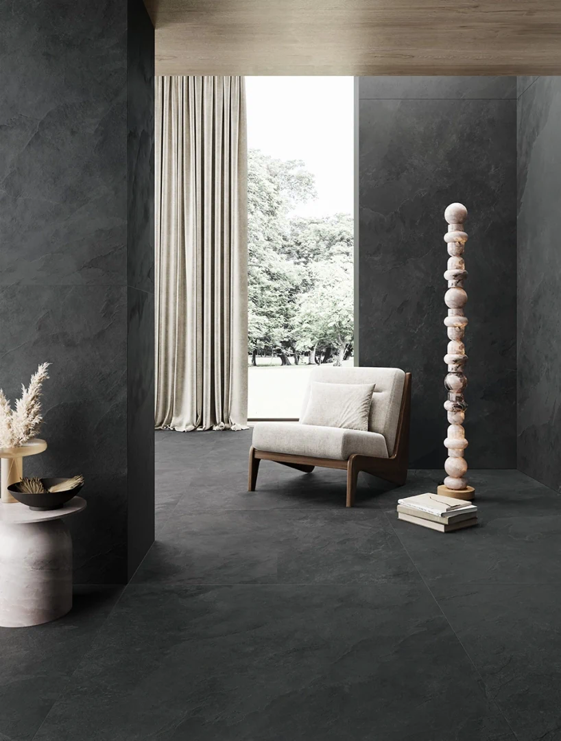 Gres Caesar SLAB2 efekt kamień - aranzacja w eleganckiej lazience