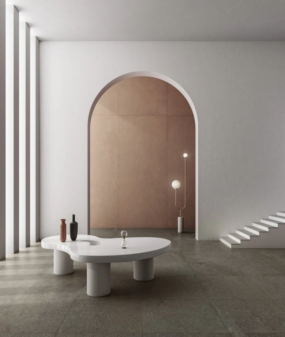 Gres Caesar SHAPES OF ITALY efekt kamień - aranzacja w minimalistycznym wnetrzu