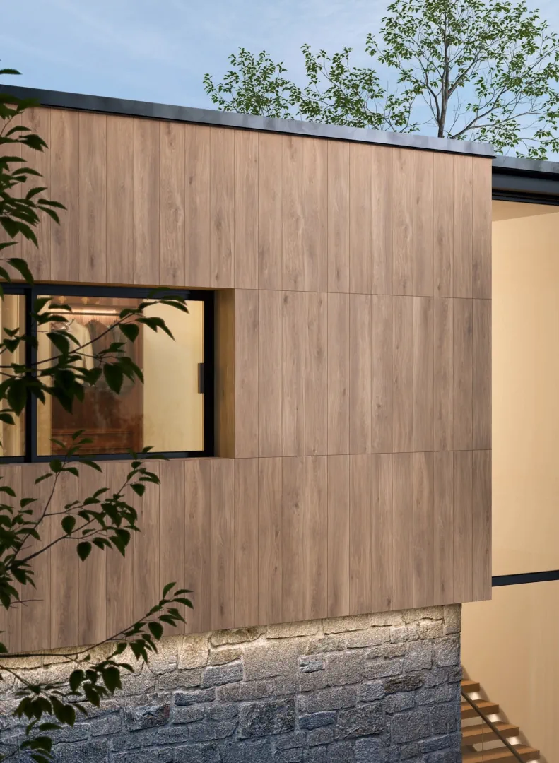 Gres Caesar COCOON efekt drewno - aranzacja w minimalistycznym wnetrzu