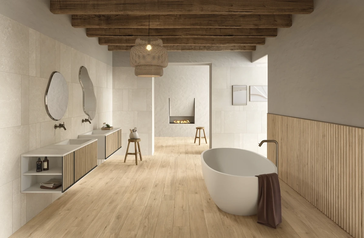 Gres Caesar COCOON efekt drewno - aranzacja w eleganckiej lazience