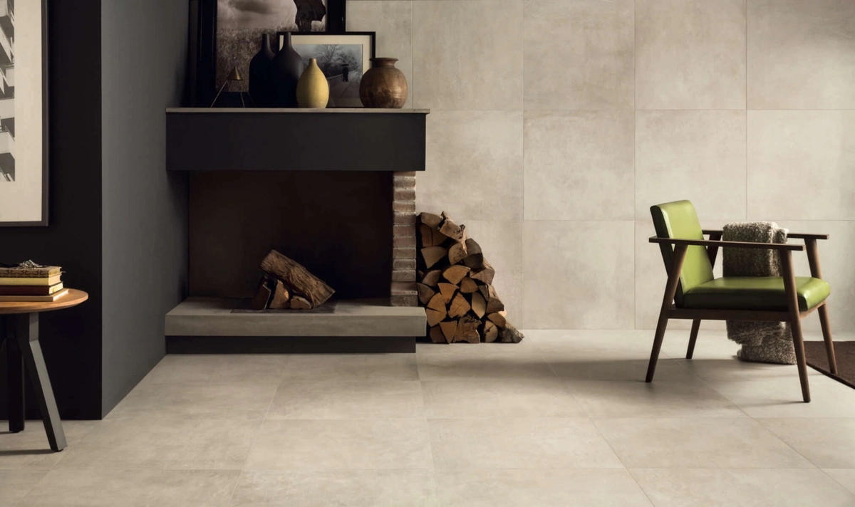 Gres Caesar WIDE efekt beton - aranzacja w przestronnym holu