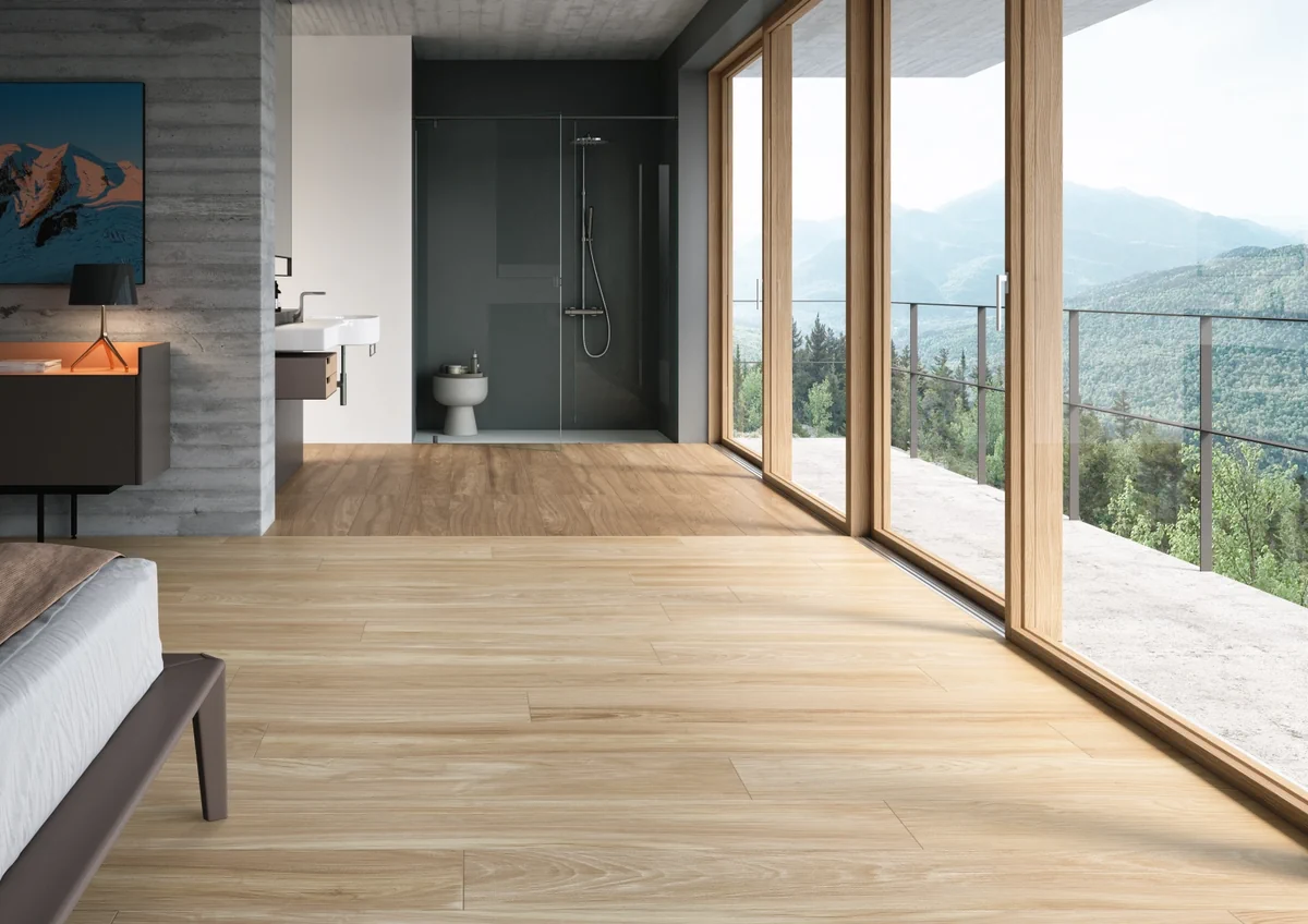 Gres Casalgrande Padana CLASS WOOD efekt drewno - aranzacja w przestronnym holu