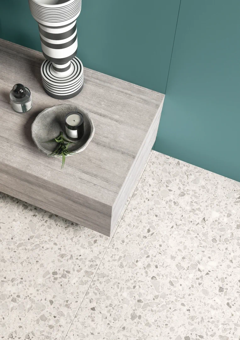 Gres Casalgrande Padana LE VILLE efekt terrazzo - aranzacja w minimalistycznym wnetrzu