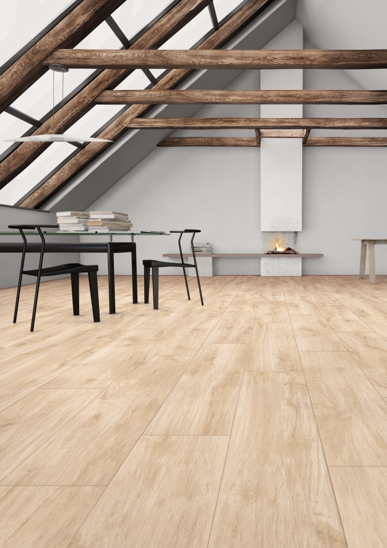 Gres Casalgrande Padana TAVOLATO efekt drewno - aranzacja w przestronnym holu