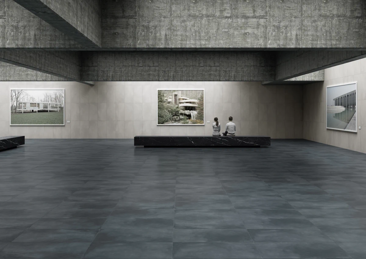 Gres Casalgrande Padana R-EVOLUTION efekt beton - aranzacja w nowoczesnym salonie