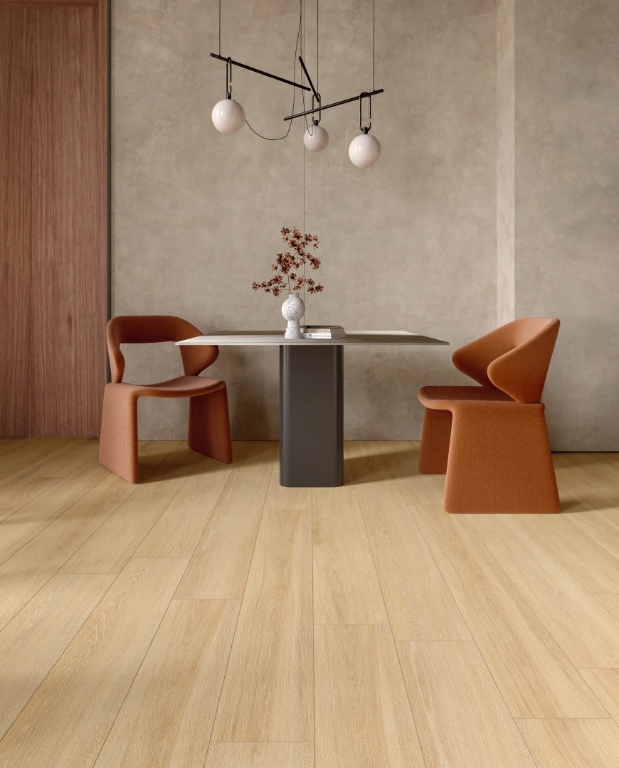 Gres Casalgrande Padana ENGLISH WOOD efekt drewno - aranzacja w nowoczesnym salonie