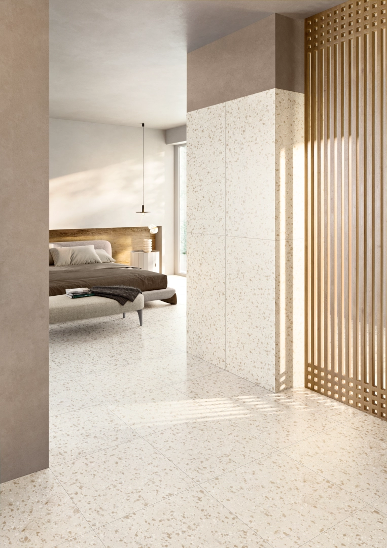 Gres Casalgrande Padana TERRAZZOTECH efekt terrazzo, - aranzacja w nowoczesnym salonie