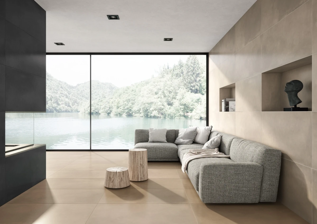 Gres Casalgrande Padana R-EVOLUTION efekt beton - aranzacja w minimalistycznym wnetrzu