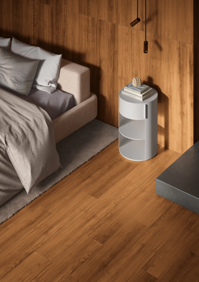 Gres Casalgrande Padana PROJECT WOOD efekt drewno - aranzacja w minimalistycznym wnetrzu