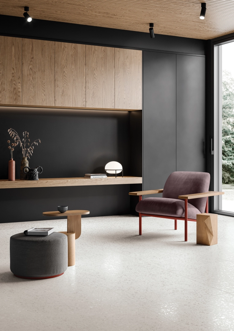 Gres Casalgrande Padana TERRAZZO efekt terrazzo - aranzacja w nowoczesnym salonie