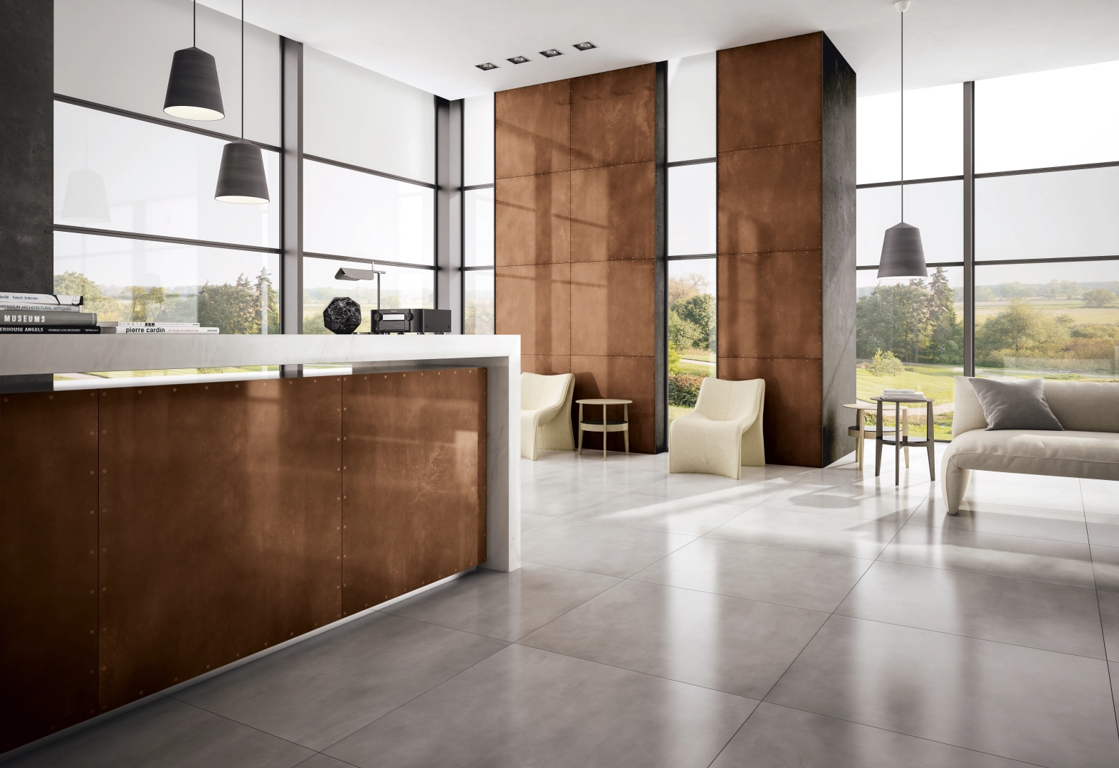 Gres Casalgrande Padana STEELTECH efekt beton, metal - aranzacja w strefie dziennej z duzymi przeszkleniami