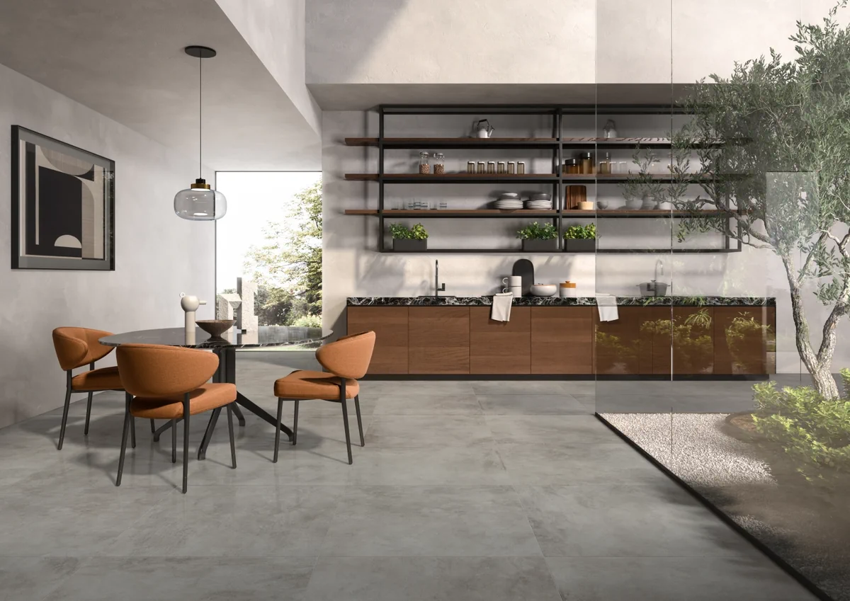 Gres Casalgrande Padana KERINOX efekt kamień, metal - aranzacja w minimalistycznym wnetrzu