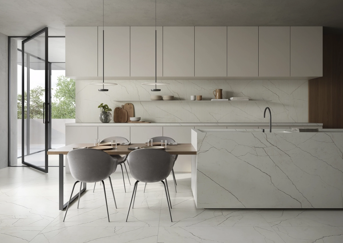 Gres Casalgrande Padana MARMORA efekt marmur - aranzacja w minimalistycznym wnetrzu