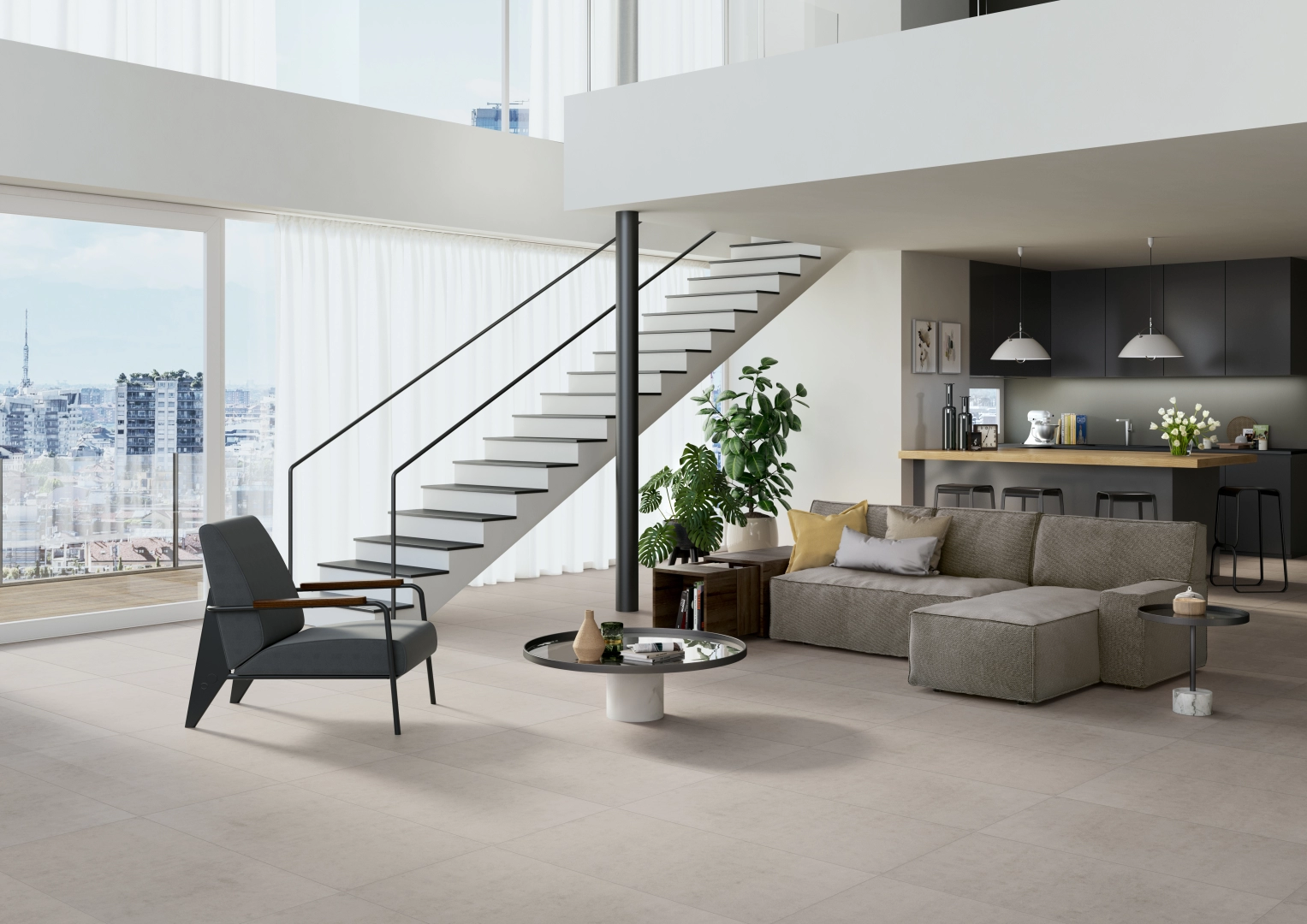 Gres Casalgrande Padana TIMELESS efekt beton - aranzacja w korytarzu z naturalnym swiatlem