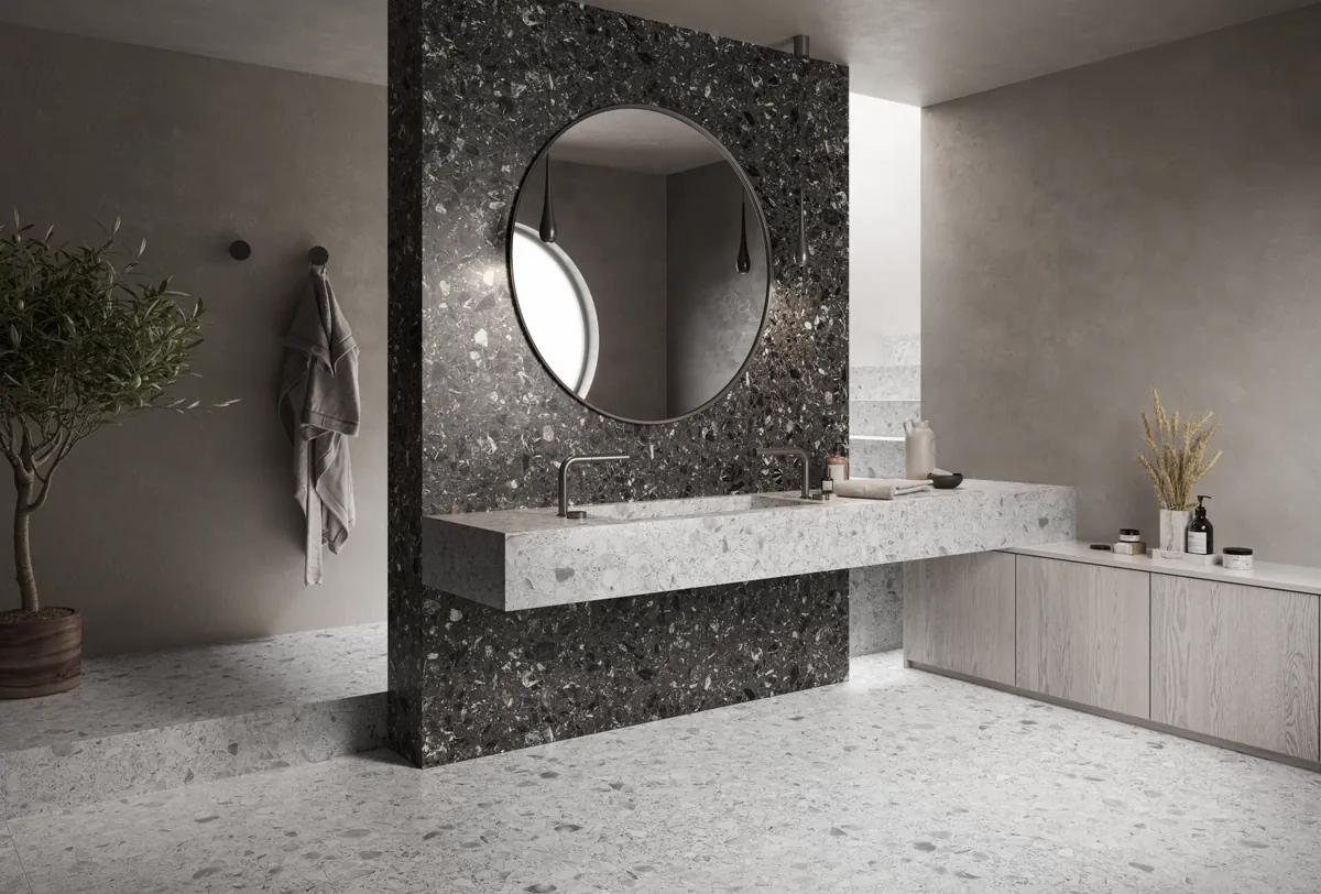 Gres Casalgrande Padana MACRO efekt terrazzo - aranzacja w eleganckiej lazience