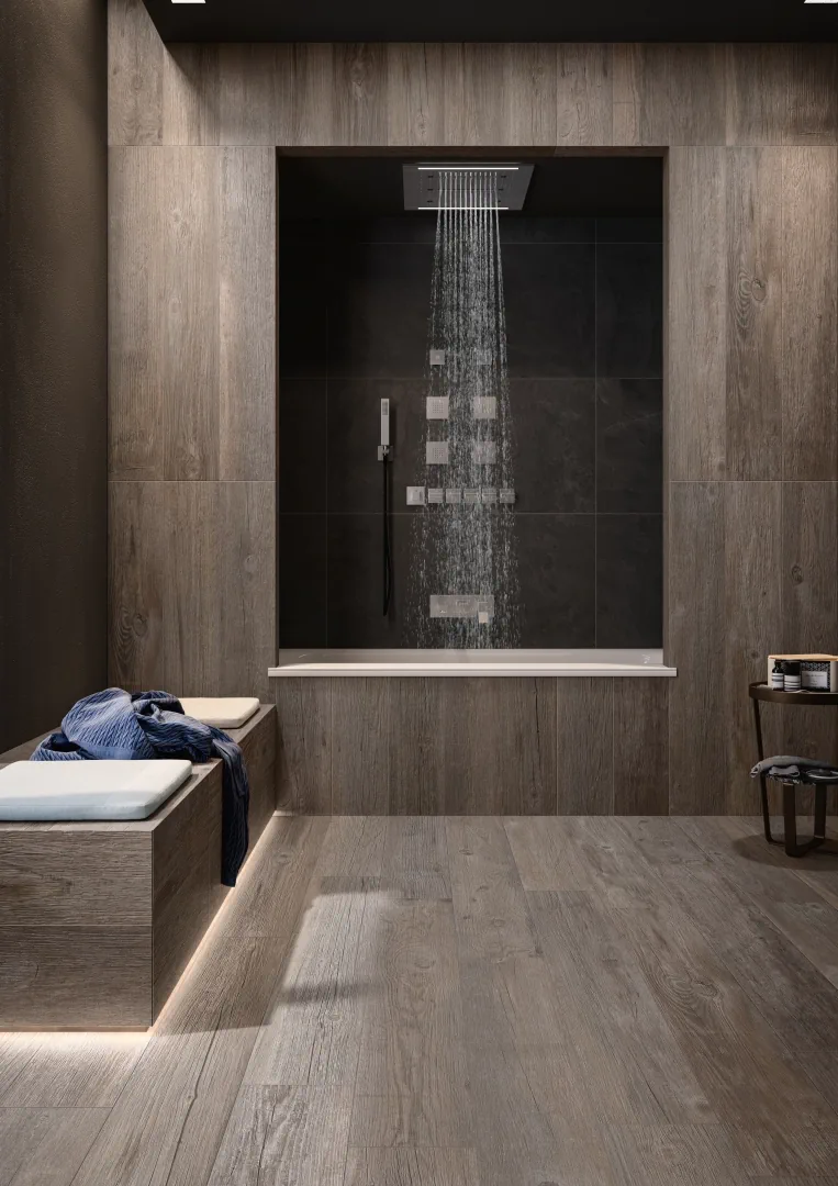 Gres Casalgrande Padana COUNTRY WOOD efekt drewno - aranzacja w eleganckiej lazience