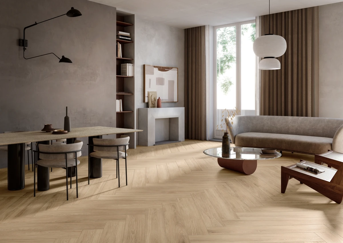 Gres Casalgrande Padana ENGLISH WOOD efekt drewno - aranzacja w przestronnym holu