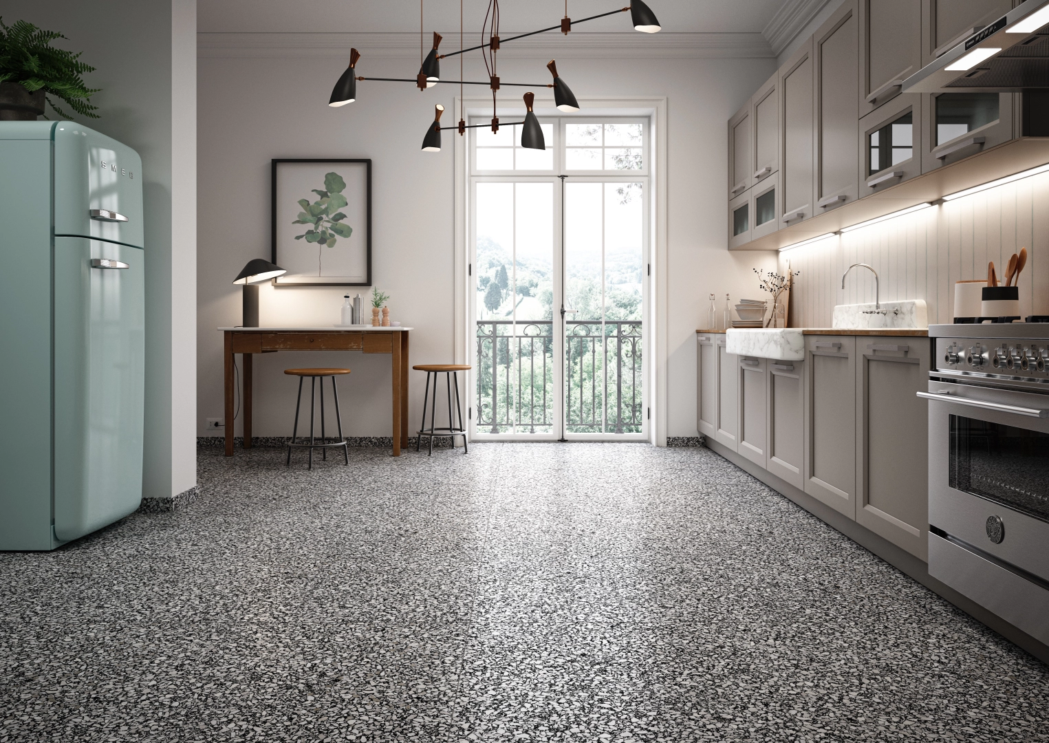 Gres Casalgrande Padana TERRAZZO efekt terrazzo - aranzacja w minimalistycznym wnetrzu
