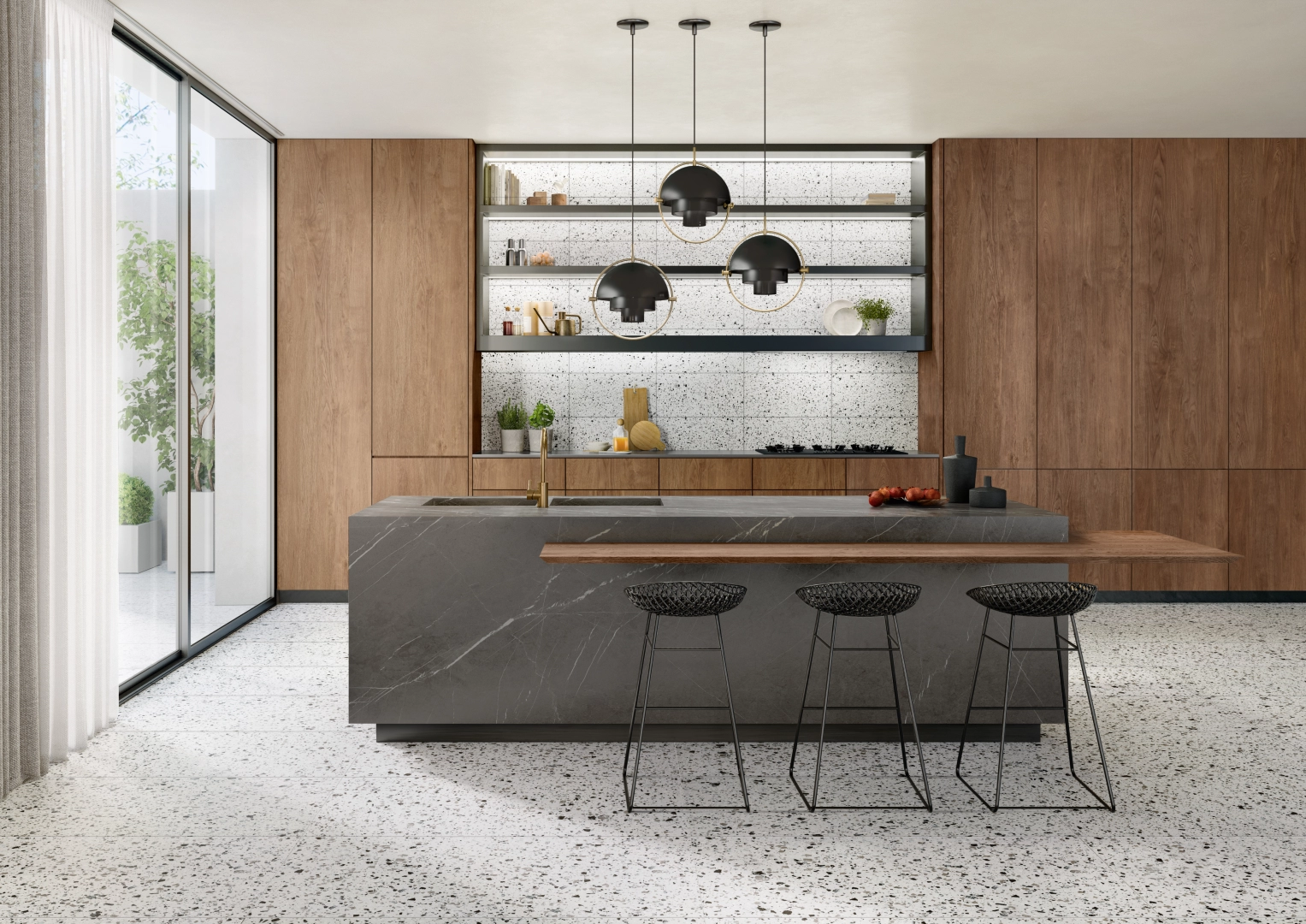 Gres Casalgrande Padana TERRAZZOTECH efekt terrazzo, - aranzacja w przy kominku