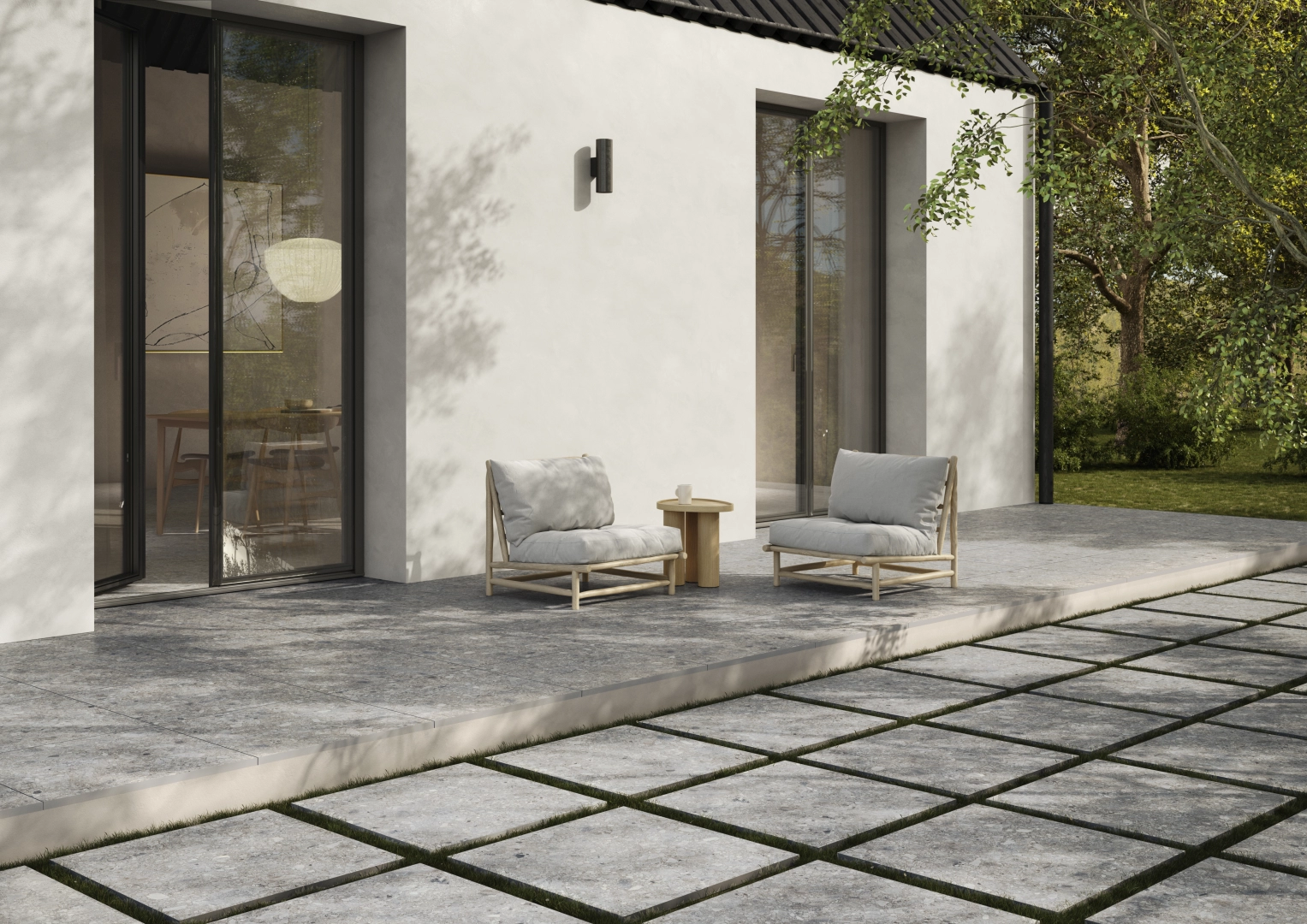 Gres Casalgrande Padana PIETRE DI PARAGONE efekt terrazzo, kamień - aranzacja w nowoczesnym salonie