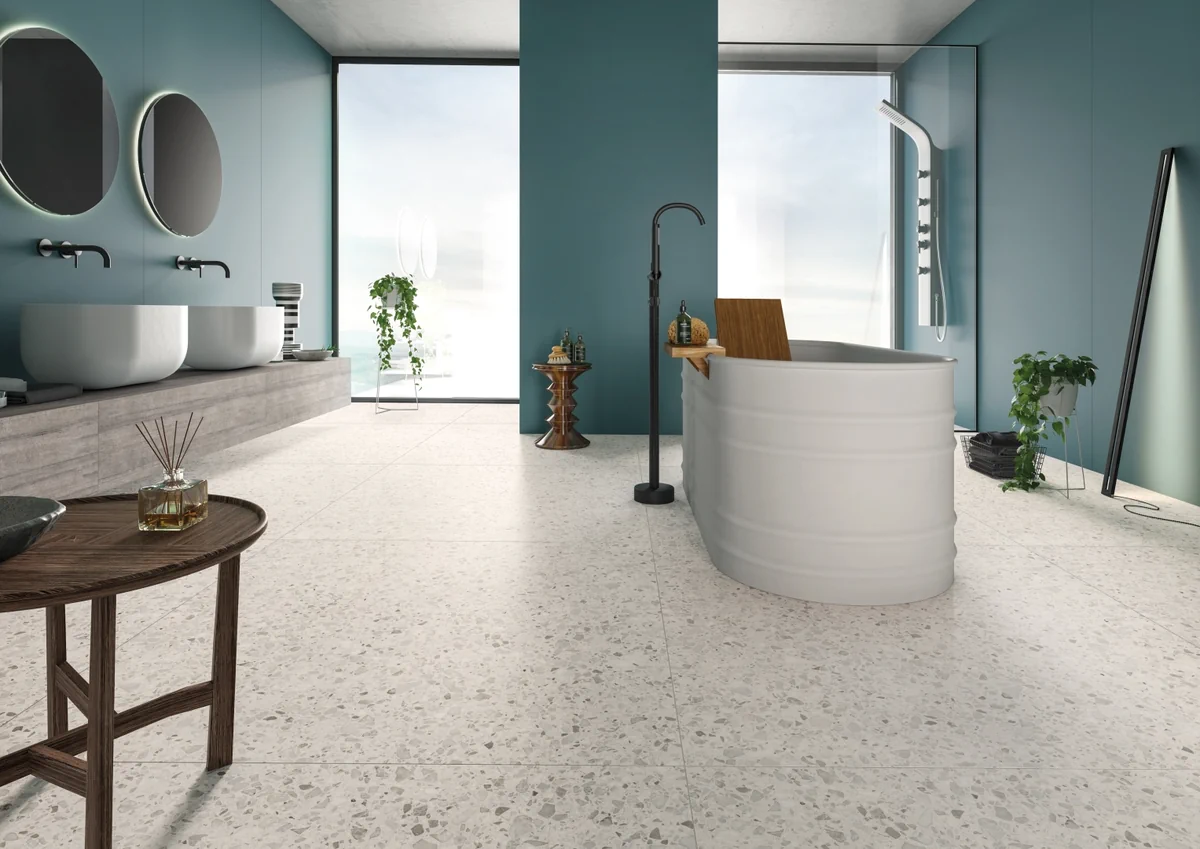Gres Casalgrande Padana LE VILLE efekt terrazzo - aranzacja w przy kominku