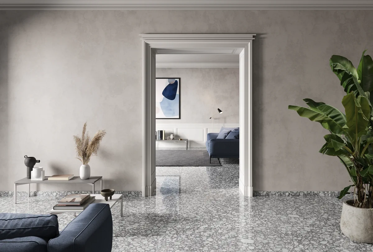 Gres Casalgrande Padana MACRO efekt terrazzo - aranzacja w strefie dziennej z duzymi przeszkleniami