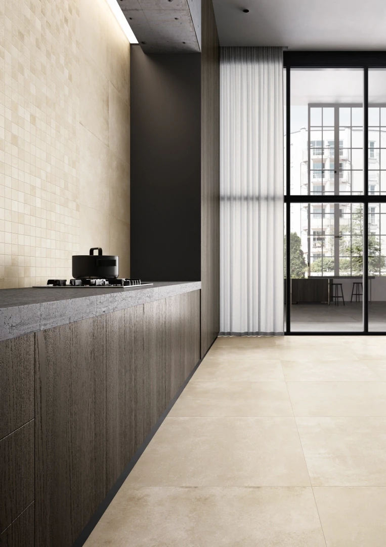 Gres Casalgrande Padana MANHATTAN efekt beton - aranzacja w przy kominku
