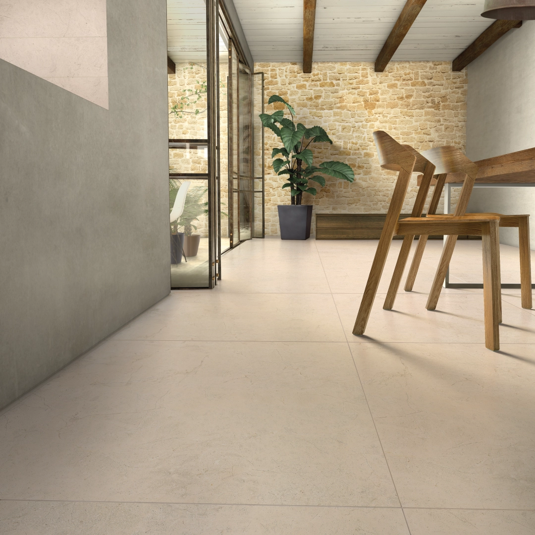 Gres Casalgrande Padana PIETRE DI PARAGONE efekt terrazzo, kamień - aranzacja w minimalistycznym wnetrzu