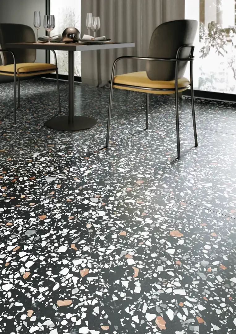 Gres Casalgrande Padana LE VILLE efekt terrazzo - aranzacja w eleganckiej lazience