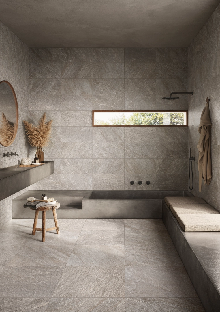 Gres Casalgrande Padana PETRA efekt kamień - aranzacja w eleganckiej lazience