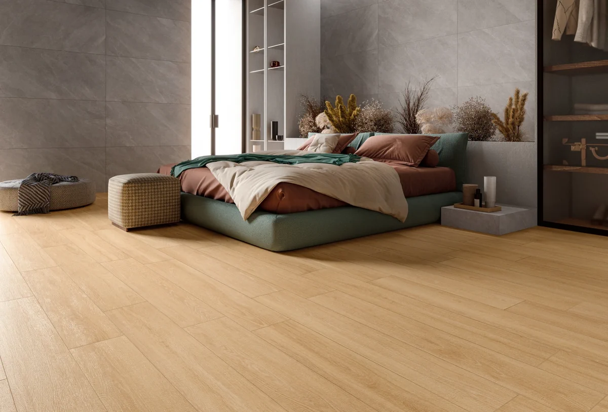 Gres Casalgrande Padana ENGLISH WOOD efekt drewno - aranzacja w strefie dziennej z duzymi przeszkleniami