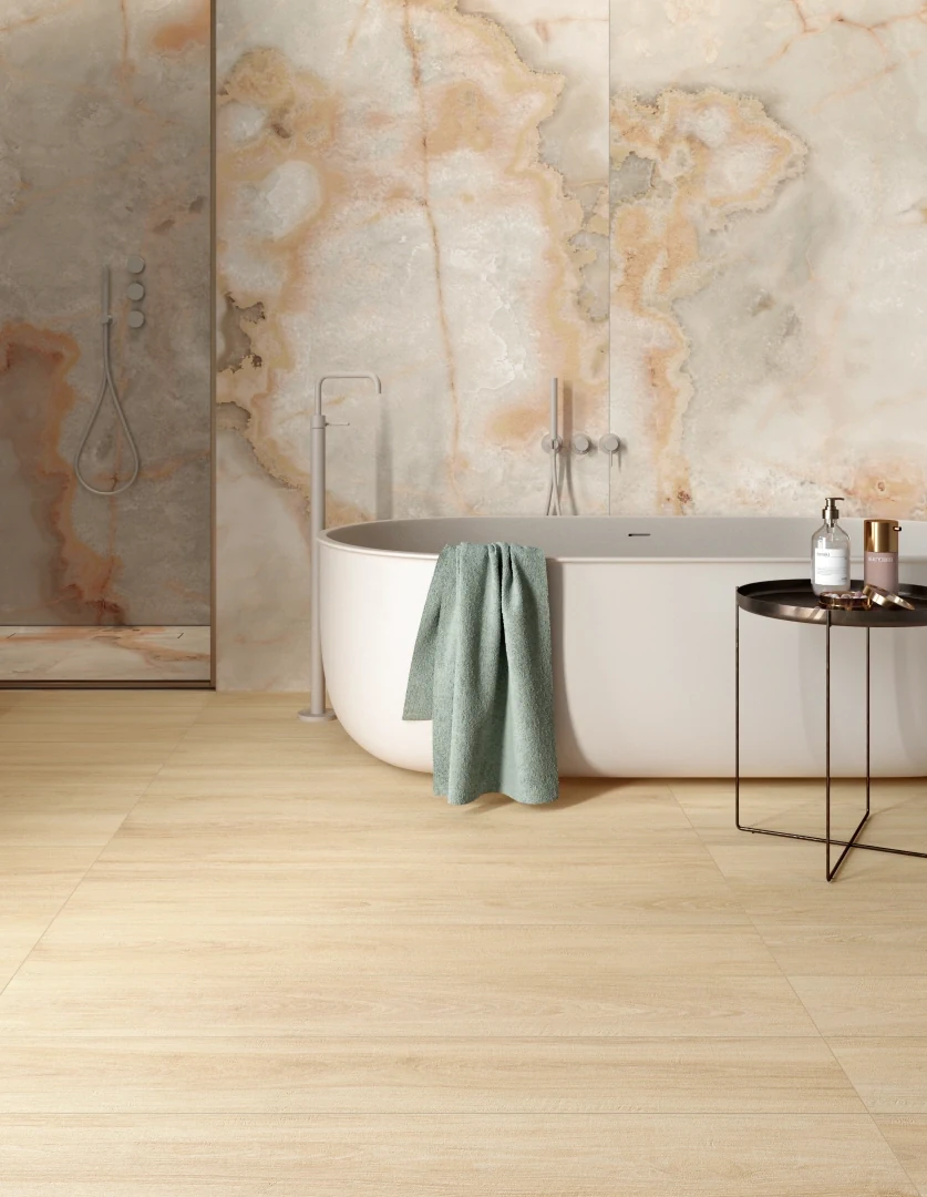 Gres Casalgrande Padana ENGLISH WOOD efekt drewno - aranzacja w minimalistycznym wnetrzu