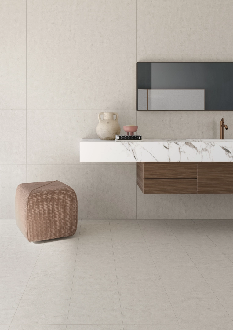 Gres Casalgrande Padana TIMELESS efekt beton - aranzacja w przestronnym holu