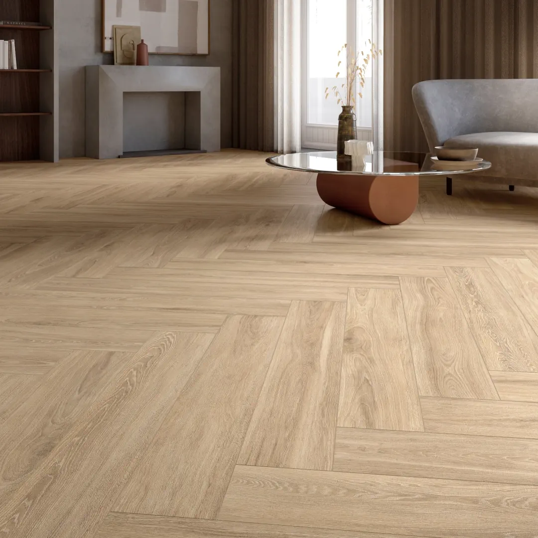 Gres Casalgrande Padana ENGLISH WOOD efekt drewno - aranzacja w przestronnym holu