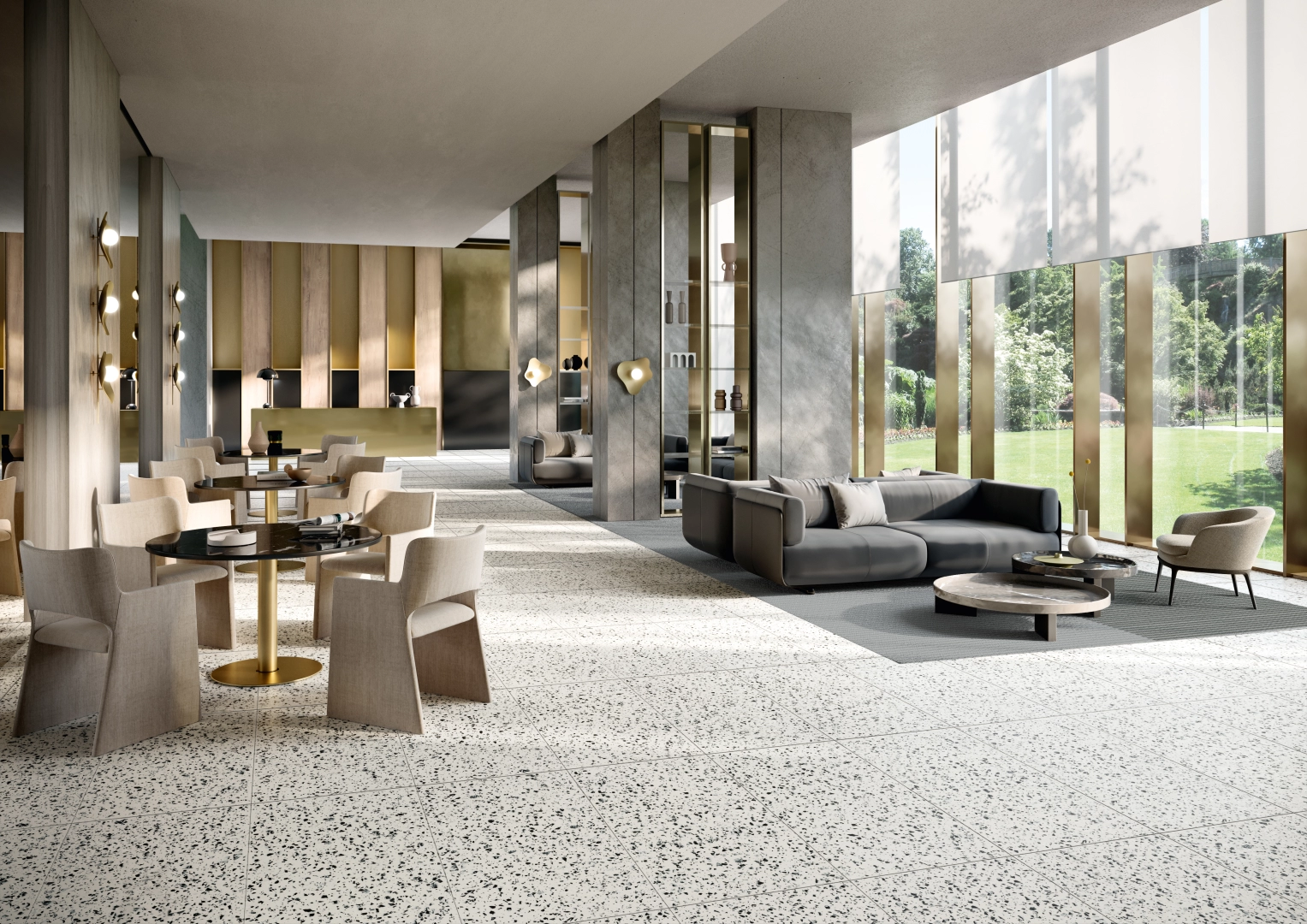 Gres Casalgrande Padana TERRAZZOTECH efekt terrazzo, - aranzacja w strefie dziennej z duzymi przeszkleniami