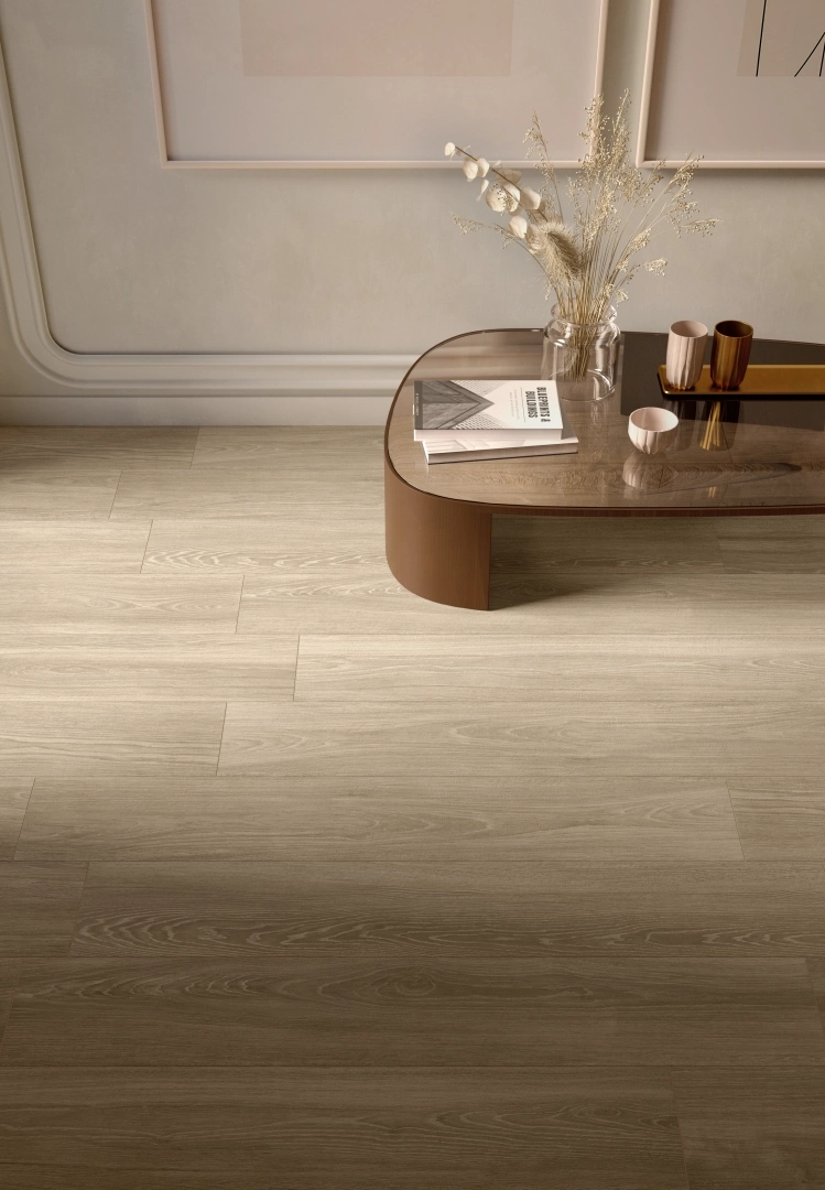 Gres Casalgrande Padana ENGLISH WOOD efekt drewno - aranzacja w przy kominku