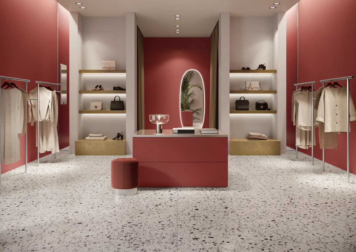 Gres Casalgrande Padana LE VILLE efekt terrazzo - aranzacja w nowoczesnym salonie